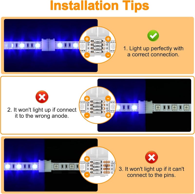 Pmxary 20Pcs 4 Pin LED Strip Connectors for 10mm Wide RGB LED Strip Lights, Solderless Unwired LED Light Connectors, Easily Extend or Splice SMD 5050 Multicolor Strips - Image 5